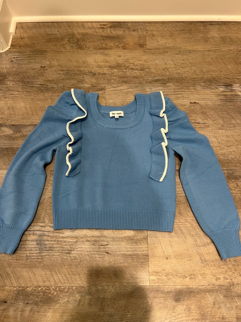 Sky Blue Ruffle-Trim Crew Neck Sweater